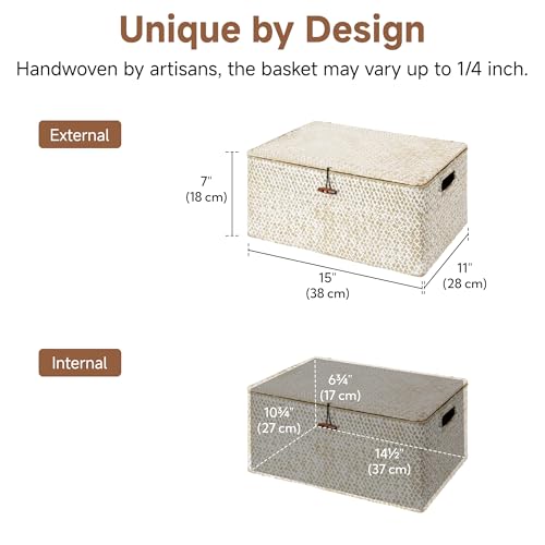 StorageWorks Wicker Baskets with Lid, Seagrass Storage Baskets for Shelves, Decorative Box with Built-in Handles,White - color: White(Seagrass), size: 15"L × 11"W × 7"H