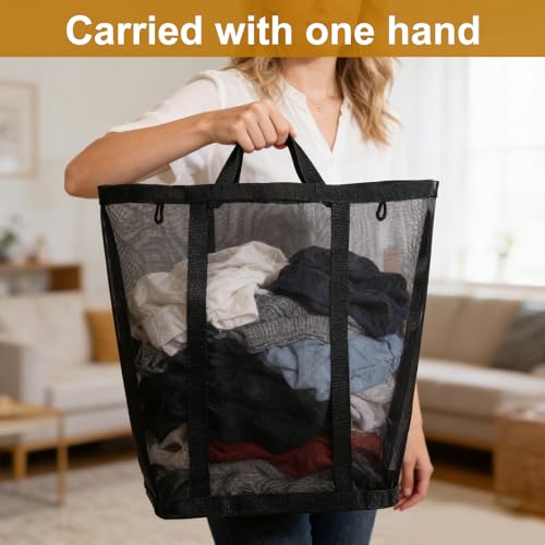 2 Pcs Mesh Bags with Handles, Collapsible Laundry Basket, Foldable Laundry Bag, Breathable Folding Beach Bag,Space-saving Travel Tote Bags (2, Black)