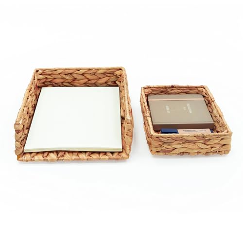 HAMOTOPI Desk Organizer Letter Tray Set of 2, Woven Water Hyacinth Tabletop Desktop for Storage Paper Letter Folders Notebooks Copy Print, Workspace Holder, Keep Stationery Saver