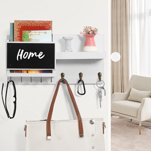 Decorative Key Hanging Rack with 8 Hooks – Easy Install Natural Wooden Key and Mail Holder for Wall Mount – Sunglasses Wallet Holder Entryway Decor with Shelf and Chalkboard (White) - color: White