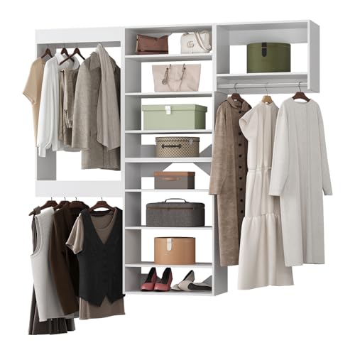 Modular Closet System, 60" Wide Closet Organizer System with Towers and Hanging, Wood Closet Tower Storage for Walk In Closets, Wall Mounted Wardrobe Organizer Kit System, Bedroom, White - color: White, size: 60" Wide, style: Tall Hanging + Double Hanging
