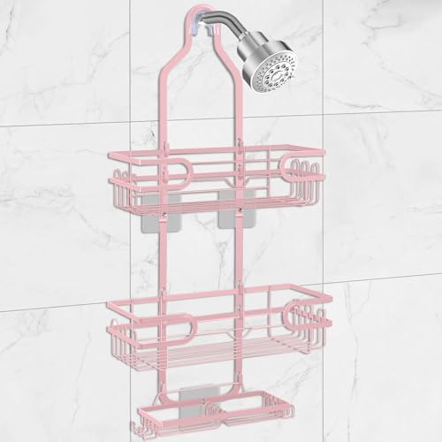 Shower Caddy Hanging, Over Head Shower Caddy Shower Storage Rack Basket with Hooks for Razor and Sponge Rustproof, No Drilling, Accessories for Bathroom and Kitchen, pink - color: Pink