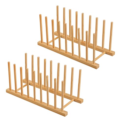 HBlife 2pcs Heighten and Widen Bamboo Dish Dying Rack Pot Lid Plate Organizer Holder for Cabinet, Cutting Board Stand Drainer Storage Plate Rack for Dish, Pot Lid, Bowl, Cup, Cutting Board and Books - color: Rod 6inch High 8slots 2pcs