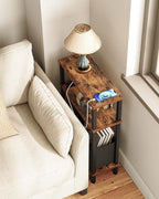 CHOEZON Small Narrow Side Table with Charging Station, Skinny End Table with Fabric Basket, Slim Nightstand for Small Spaces, Sofa Side Table, for Living Room, Bedroom, Rustic Brown and Black TBZ07UBF - color: Rustic Brown + Black