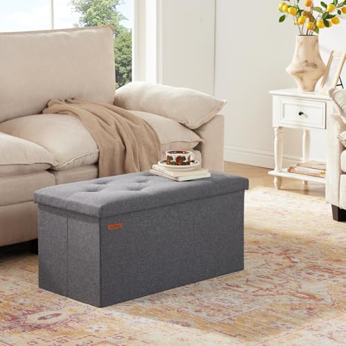 HAUSFRAU - Storage Ottoman Bench, 30 Inches Button Tufted Upholstered Ottoman Footstool with Storage for Living Room Bedroom Entryway, Load 660 lb, Linen Dark Gray - color: Dark Gray, size: 15"D x 30"W x 15"H