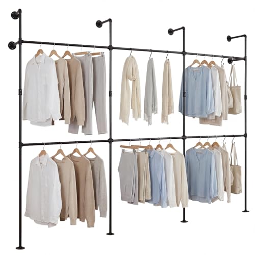 Giantex Industrial Pipe Clothing Rack, 118" Wall Mounted Heavy-Duty Metal Garment Organizer with 6 Hanging Rods, 2-Tier Walk-in Closet System for Wardrobe Closet, Retail Display - size: 118 Inches