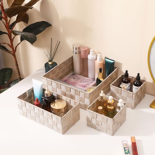 Storage Bins Woven Organizer Set of 4 – Polypropylene Storage Baskets with Metal Frame, Stackable Fabric Boxes for Drawers, Closet, Shelf, Nursery and Office, Beige - color: Beige, size: 4PCS-without lid