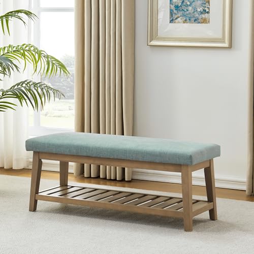 Zihanhome Entryway Shoe Bench with Cushion, End of Bed Bench,Upholstered Bench for Kitchen, Bench with Solid Wood Shelf, Fabric Ottoman Bench for Hallway, Living Room (Teal) - color: Teal