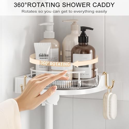 shuang qing 360° Rotating Corner Shower Caddy Tension Pole Organizer - 4-Tier Adjustable Rustproof Metal Pole, Plastic Shelves with Safety Guardrail, Bathroom Storage for Shower & Bathtub(White) - color: White, size: Rotation