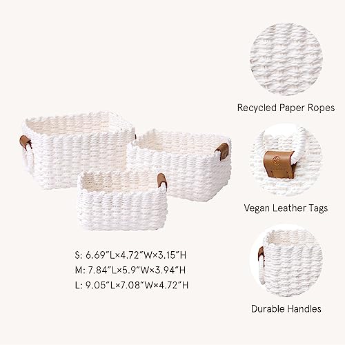 LA JOLIE MUSE Woven Storage Baskets for Organizing, Recycled Paper Rope Basket Bin Divider for Makeup Towel Shelf Cupboards Drawer Closet Dresser, Decorative White Storage Basket Set of 3 - color: White