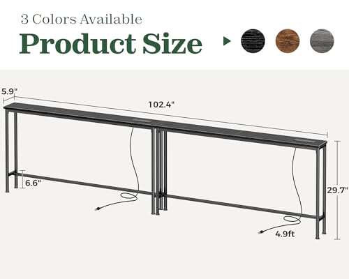 SUPERJARE 102.4 Inch Sofa Table with Power Outlets and USB-C Ports, 5.9 Inch Narrow Console Tables, Entryway Hallway Couch Tables with Storage, Behind Sofa, Small Spaces, Living Room, Black - color: Black, size: 5.9''D x 102.4''W x 29.7''H