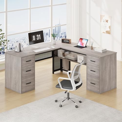 HSH Large L Shaped Desk with Storage File Cabinet，Corner L-Shaped Computer Desk with Drawers Shelves, Home Office Bedroom Metal Wood Study Writing Table Executive Workstation, Light Grey Oak, 59 Inch - color: Light Grey Oak