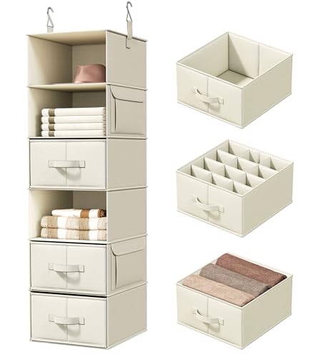 Vailando 6-Shelf Hanging Closet Organizer with 3 Drawers, 6-Shelf Inseparable Closet Organizers and Storage for Wardrobe Organization, Hanging Dresser for Nursury & Dorm Clothes Organizer, Beige - color: Beige, size: 6-Shelf Inseparable