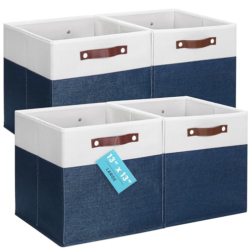 OrganiHaus 13" x 13" x 13" Cube Fabric Storage Bins Set of 4, Fabric Storage Cubes w/ Vegan Handles, 13 inch Collapsible Bins for Clothes & Toy Organizer, 13x13 Basket for Decor - Navy Blue - color: Navy Blue Base / Off-White, size: (13x13) Leather Handle