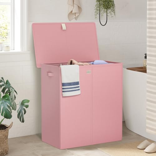 WOWLIVE Laundry Hamper with Lid,160L Large Laundry Basket 3 Section with Removable Washing Bags,Collapsible Waterproof Dirty Clothes Hamper for Laundry Room Bathroom Dorm,Pink - color: Pink, size: 160L (24.8x 14 x 27.5 Inches)