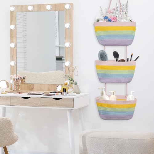 TeoKJ Over the Door Hanging Basket, 3-Tier Woven Cotton Wall-Mounted Storage Organizer Bag Decorative Hanging Nursery Baskets, Rainbow - color: Rainbow