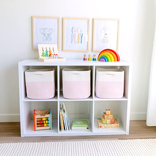 NaturalCozy Storage Cubes 11 Inch Cotton Rope Woven Baskets for Organizing, 3-Pack | Cube Storage Bin | Square Storage Baskets for Shelves Organizer, Classroom, Kids Toy Bins, Closet, Baby Nursery - color: Off White & Mixed Pink