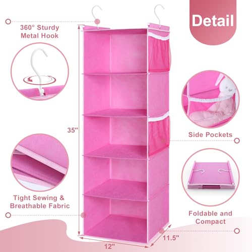 MAX Houser 5-Shelf Hanging Closet Organizer, Hanging Storage Shelves with 4 Side Pockets Space-Saving for Bedroom, Foldable (Pink) - color: Pink