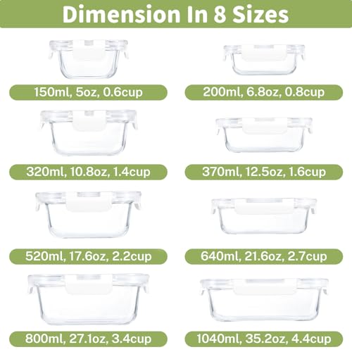 HOMBERKING 8 Pack Glass Food Storage Containers with Lids, Meal Prep Containers, Airtight Bento Boxes with Leak Proof Locking for Microwave, Oven, Freezer and Dishwasher, BPA Free, 5-35oz, white - color: White