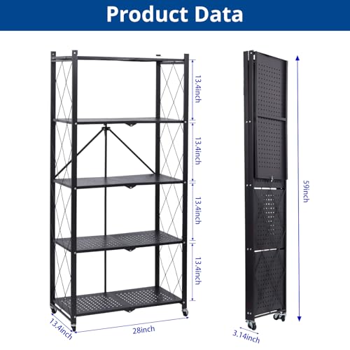 5 Tier Foldable Storage Shelf with Wheels, Heavy-Duty Metal Shelving Unit, No Assembly Book Shelf Rolling Storage Rack for Garage, Kitchen, Pantry, Closet, Exhibition, Office Decor, Black - size: 5-Tier