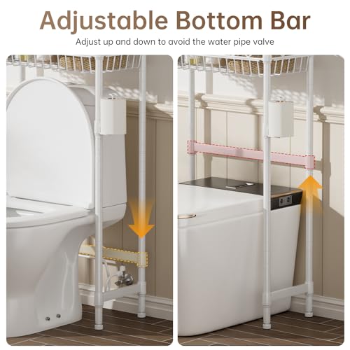 Golpart 3-Tier Over-The-Toilet Storage Shelf,Heavy-Duty Adjustable Bathroom Rack with 2 Mesh Baskets,Toilet Paper Holder & Hooks,Space-Saving Organizer for Bathroom,10”D x 24”W x 66”H,White - size: White with Baskets-10"D x 24"W x 66"H