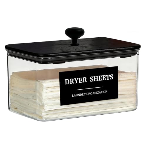 Dryer Sheet Holder Black Lid, Laundry Dryer Sheet Container Clear Detergent Pods Dispenser with Labels, Laundry Detergent Sheets Holder for Laundry Room Decor and Accessories - color: 1 Pack
