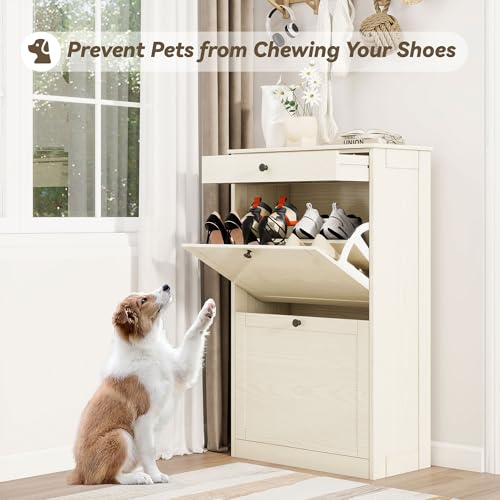 FTZxHKLX Shoe Cabinet with 2 Flip Drawers, Slim Freestanding Hidden Shoe Organizer with Drawer, Pet-Proof Shoe Storage Cabinet for Entryway Living Room Behind The Door, Light Oak - color: Light Oak, size: 1pcs
