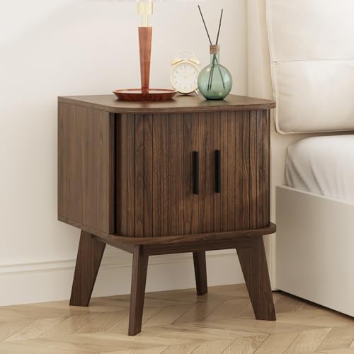 Fluted Nightstand with Sliding Tambour Doors, Curved Edge Wood Bedside Table for Bedroom, Side Tables with Storage for Living Room (1, Square - Walnut) - color: Square - Walnut