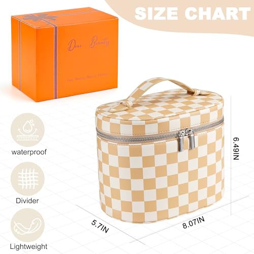 Makeup Bag Vanity Case Cosmetic Bag with Removable Divider Travel Toiletry Bag for Women Portable Make up Box Organizer, Beige and White - color: Beige and White