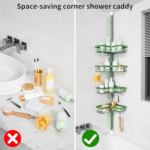KEGII Shower Caddy Tension Pole, 4-Tier Rustproof Adjustable Corner Bathroom Organizer for Renters, 25–114.2 Inch No Drill Space-Saving Shower Storage Rack, Emerald Green - style: Tension Caddy - Emerald Green