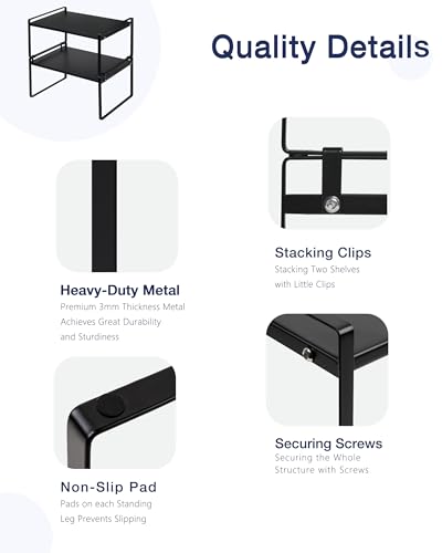 Nxconsu 2Pack Cabinet Shelves Stackable Shelf Organizer Rack Riser for Kitchen Cabinet Pantry Cupboard Counter Countertop Home Organization Storage Space Saver Heavy Duty Metal Nonslip Black Wide Tall - color: Black, size: 16.1’’W × 12’’D × 9.5’’H