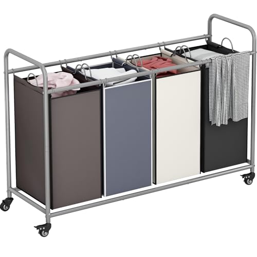 Laundry Sorter 4 Section Hamper Sorter with Heavy Duty Lockable Rolling Wheels Removable Bags Basket Separator for Dirty Clothes Storage, Assorted - size: 4 Bags Assorted