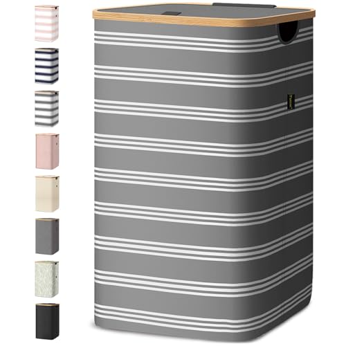 BALEINE Laundry Hamper with Lid, Tall Laundry Baskets with Bamboo Pull Handles, Large Laundry Bin with Internal Support (18 Gal/70L, Grey Pinstripe) - color: Grey Pinstripe, size: 70 liters