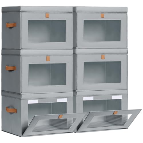 Homsorout Large Storage Bins with Lids - Fabric Collapsible Closet Storage Organizer with Window & Handles, Stackable Decorative Storage Boxes for Clothes, Blankets, Sweaters, 6 Pack, Grey - color: Grey, size: 6 Pack