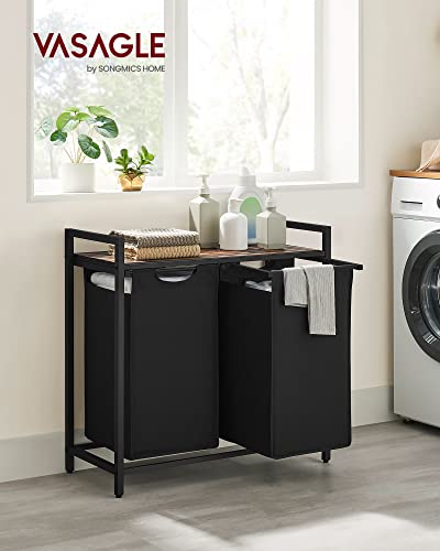 VASAGLE Laundry Hamper, Laundry Basket, Laundry Sorter with 2 Pull-Out and Removable Bags, Shelf, Metal Frame, 2 x 12.1 Gallons (46 L), 28.8 x 13 x 28.4 Inches, Ink Black and Rustic Brown UBLH201B01 - color: Black + Rustic Brown, size: 2 Bags - 92 L