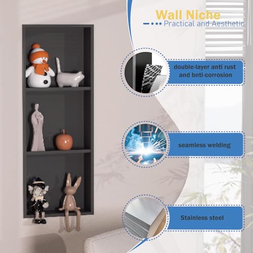 Black Stainless Steel Shower Niche 36" X 12" ，Recessed Shower Shelf for Bathroom Storage，Three-Tier Shelves， Matte Black (Black, 36 * 12 in) - color: Black, size: 36 * 12 in