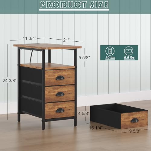 sthmec End Table with Charging Station,LED Side Tables with USB Ports and Outlets,Narrow Nightstands Bedside Tables with 3 Fabric Drawers for Small Space,Slim Sofa Table for Livingroom, Rustic Brown - color: Rustic Brown, size: 11.75'' W*21'' D* 24.3'' H,