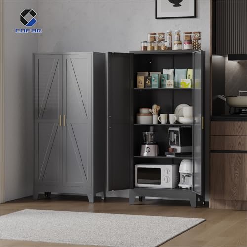 COFaR 61'' Tall Metal Storage Cabinet, Farmhouse Kitchen Pantry Cabinet with Doors and 3 Adjustable Shelves, Black Metal Cabinets for Garage, Kitchen, Bathroom, Laundry, 4-Tier - color: Black, size: 61 Tall 2 Doors-Tree Door