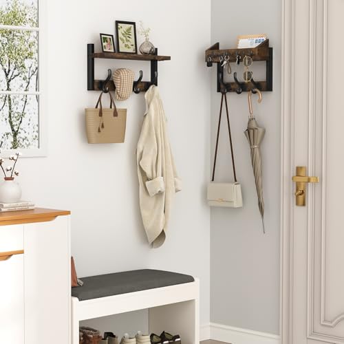 Evermagin 29" Coat Rack Wall Mount with Shelf, 4 in 1 Coat and Key Hanger with 11 Metal Hooks, Entryway Wall Mounted Shelf with Mail Holder for Living Room, Bedroom, Rustic Brown - color: Rustic Brown, size: 29 inch