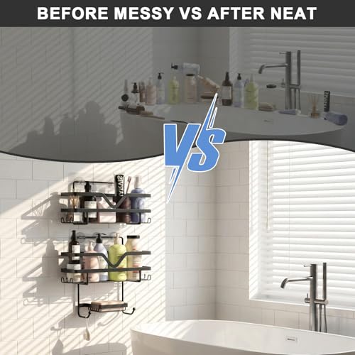 Shower Caddy 3 Pack - Shower Organizer Shelves Rack Rustproof No Drill Self Adhesive Shower Caddies with Soap Dish & Side Hooks for Bathroom Kitchen Storage, Black