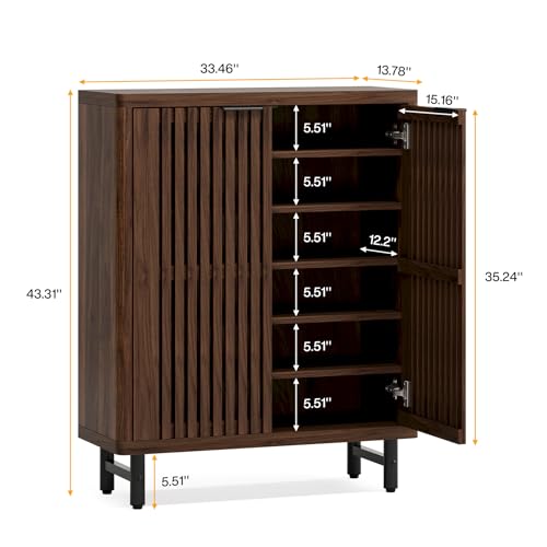 Tribesigns 6-Tier Shoe Cabinet with Shutter Doors, Large Wooden Shoe Organizer Rack with Adjustable Shelves, Modern Farmhouse Hidden Storage Furniture for Entryway, Hallway (Dark Walnut) - color: Dark Walnut