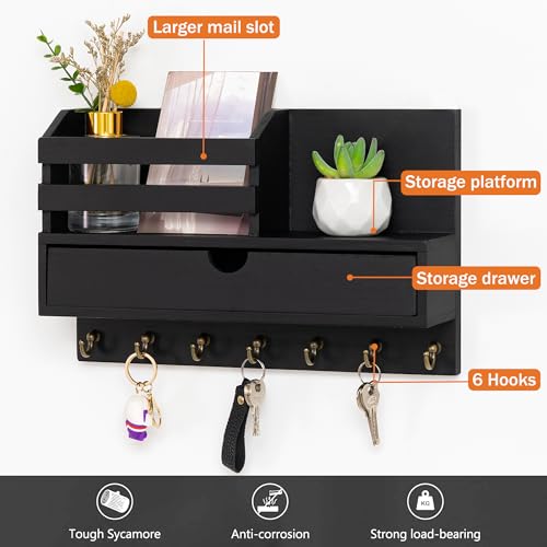 dreampossible Key and Mail Holder for Wall, Mail Organizer Wall Mount with 6 Hooks and Storage Drawer, Wooden Key Rack Hanger with Shelf for Entryway and Home Decor - color: Black, size: Large(13.4''x8.7'')