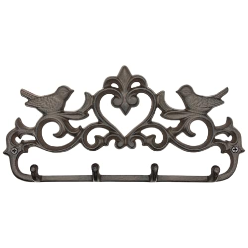 Vintage Cast Iron Wall Mounted Coat Rack with 4 Hooks - Rustic Wall Hook Rack, Farmhouse Key Holder, Heavy Duty Towel Hanger, Decorative Bird & Heart Design, Antique Black-Brown