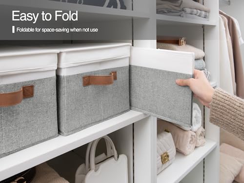 StorageWorks Storage Bins with Lids, Decorative Storage Boxes with Lid and PU Handles, Foldable Storage Baskets for Closet, Shelves, Stackable, Gray and White, Jumbo, 3-Pack - color: Gray and White, size: Jumbo