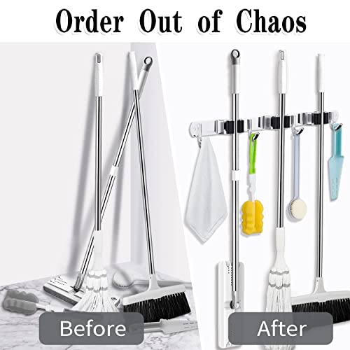 3 Racks and 4 Hooks Broom and Mop Holder Wall Mounted Garage Organizer Storage Tool Racks Stainless Steel Heavy Duty Hooks Self Adhesive Solid Non-slip Wall Hangers for Home Kitchen Garden Laundry - color: 3 Racks & 4 Hooks (Silver) - 1 Pack