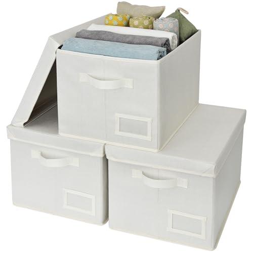 GRANNY SAYS Storage Baskets for Organizing, Linen Closet Shelf Organizers and Storage Containers with Label Holder, Large Storage Bins with Lids for Bedroom, Ivory, 3-Pack - color: Ivory, size: Medium