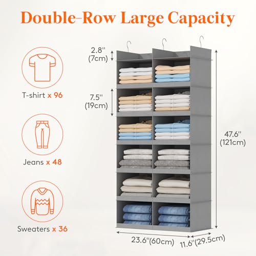 Lifewit Dual-Row Shelf Hanging Closet Organizer and Storage, Clothes Shelves with 3 Sturdy Hooks for Clothing Organization, Foldable Container Hold Up to 36 Sweaters, 6 Tier 12 Sections, Light Gray - color: Light Gray, size: 6-Tier