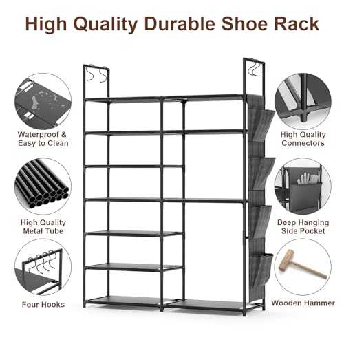 Kottwca 7 Tiers Shoe Rack Metal Shoe Organizer for Entryway Closet, 24-28 Pairs Stackable Shoe and Boots Shelf Storage Cabinet with Hooks and Side Hanging Pockets for Bedroom, Garage, Black - size: 2 Row 7 Tier