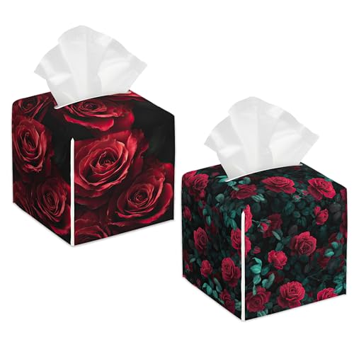 Tissue Box Cover - Red Rose Flower Tissue Holder,Modern Floral Square Tissue Box Holder Leather Facial Paper Case Modern Home Decoration for Bathroom Kitchen Bedroom Night Stands, 2 Pcs - color: Red Rose Flower
