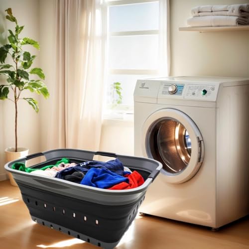 SAMMART 42L Collapsible Plastic Laundry Basket - Foldable Pop Up Storage Container/Organizer - Space Saving Hamper/Basket (1, Grey/Black) - color: Grey/Black